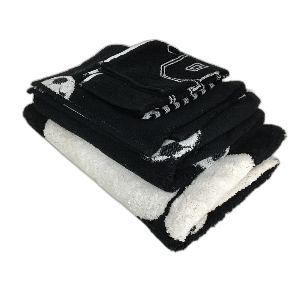 Target 5Pc Black White Kids Soccer Themed Floor Mat, Towel & Face Washer Set NEW