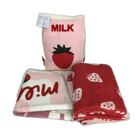 Target 4Pce Strawberry Milk Red & Pink Cushion, Floor Mat & 2 Bath Towel Set NEW