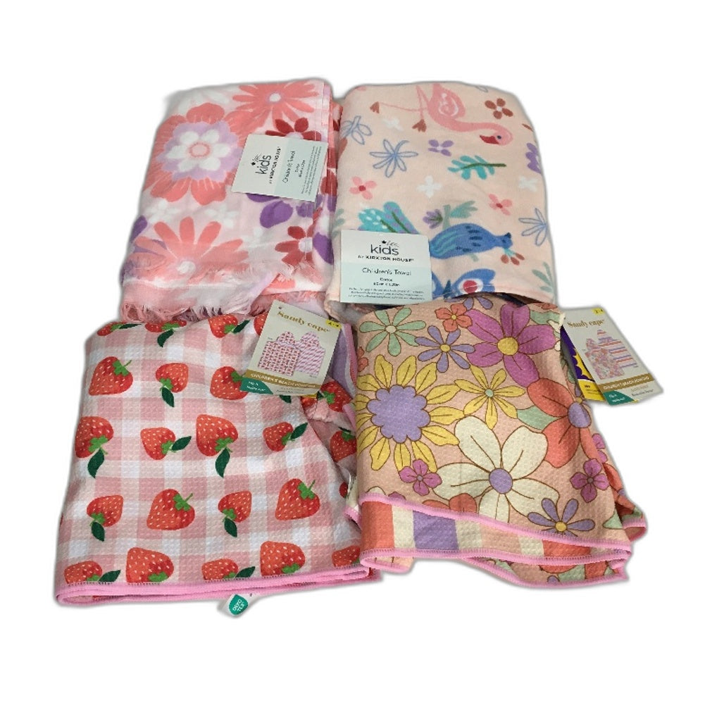 Kids Pink Themed Cotton 2 Beach Towel & 2 Hooded Beach Poncho Pack NEW