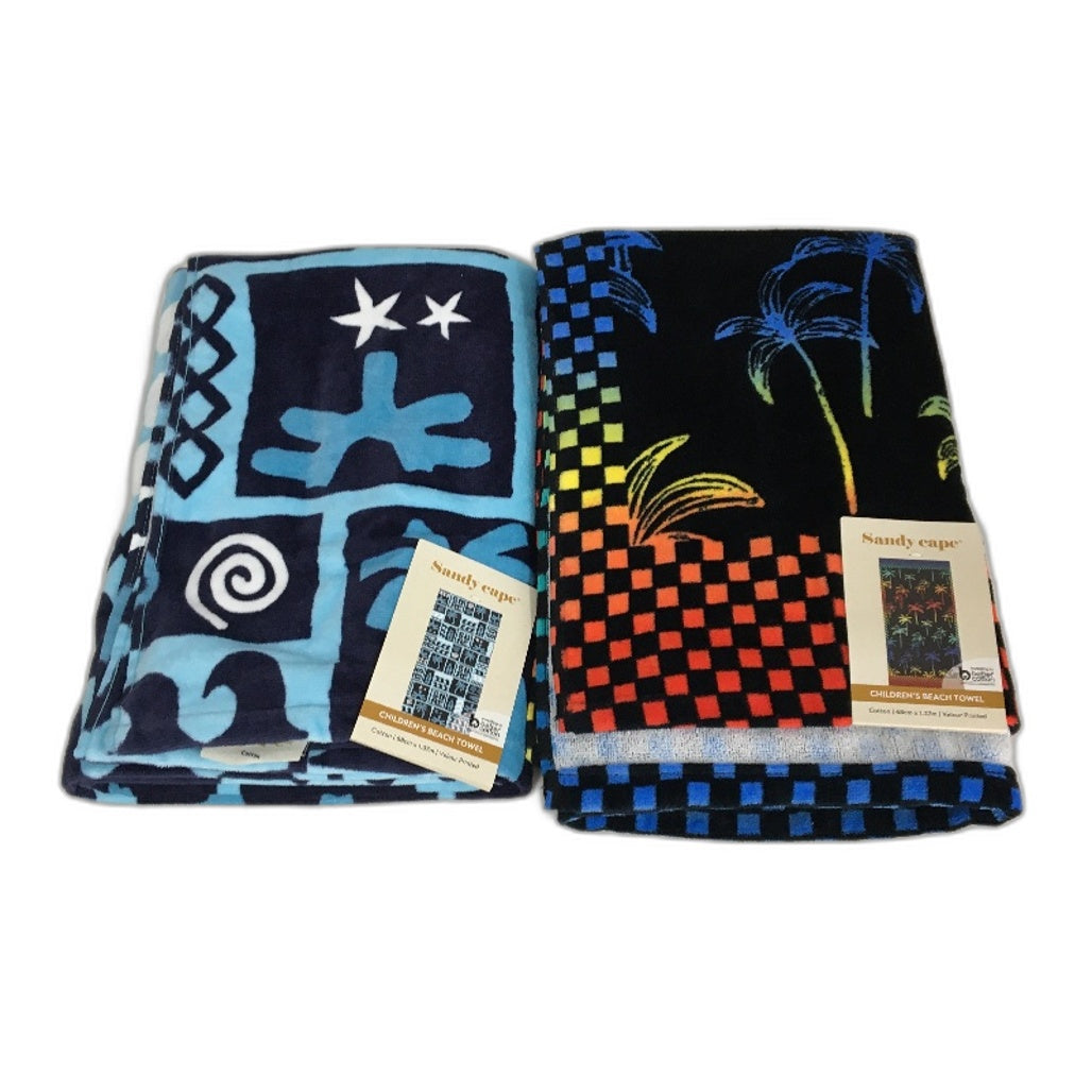 Kids 2 Piece Blue & Bright Soft Cotton Velour Printed Beach Towel Pack NEW
