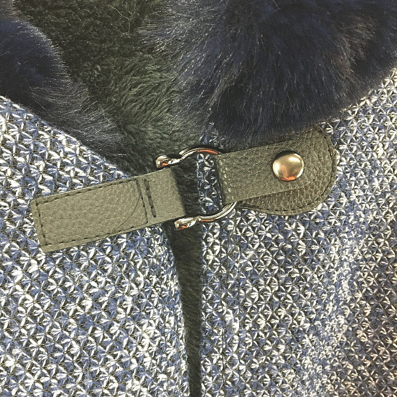 Navy Blue Faux Fur Collar Knit Outer Fleece Lined Evening Wear Poncho OSFM