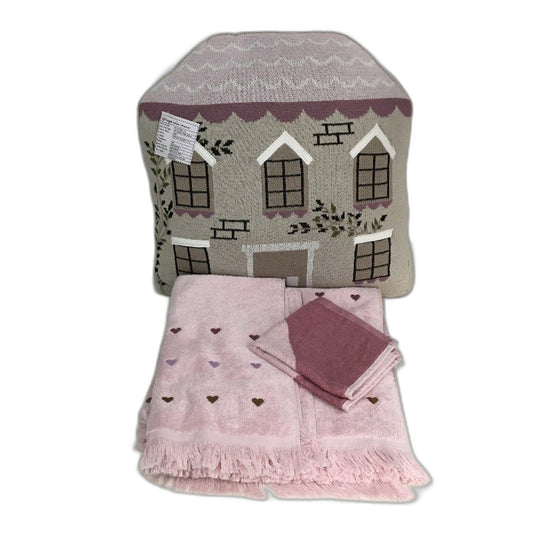 Gretel Dollhouse Cushion, Face Washer, Hand & Bath Towel Heart Towel Bundle NEW