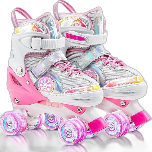 Acelufly Kids Pink Quad Wheel Light Up Rollerskates for Girls Size Medium NEW