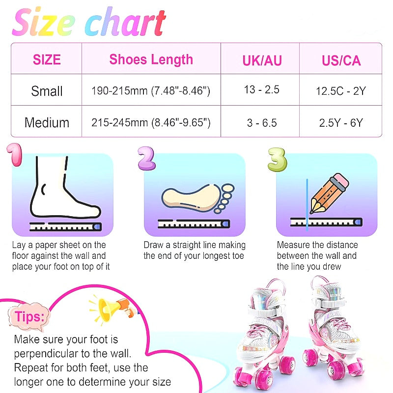 Acelufly Kids Pink Quad Wheel Light Up Rollerskates for Girls Size Medium NEW