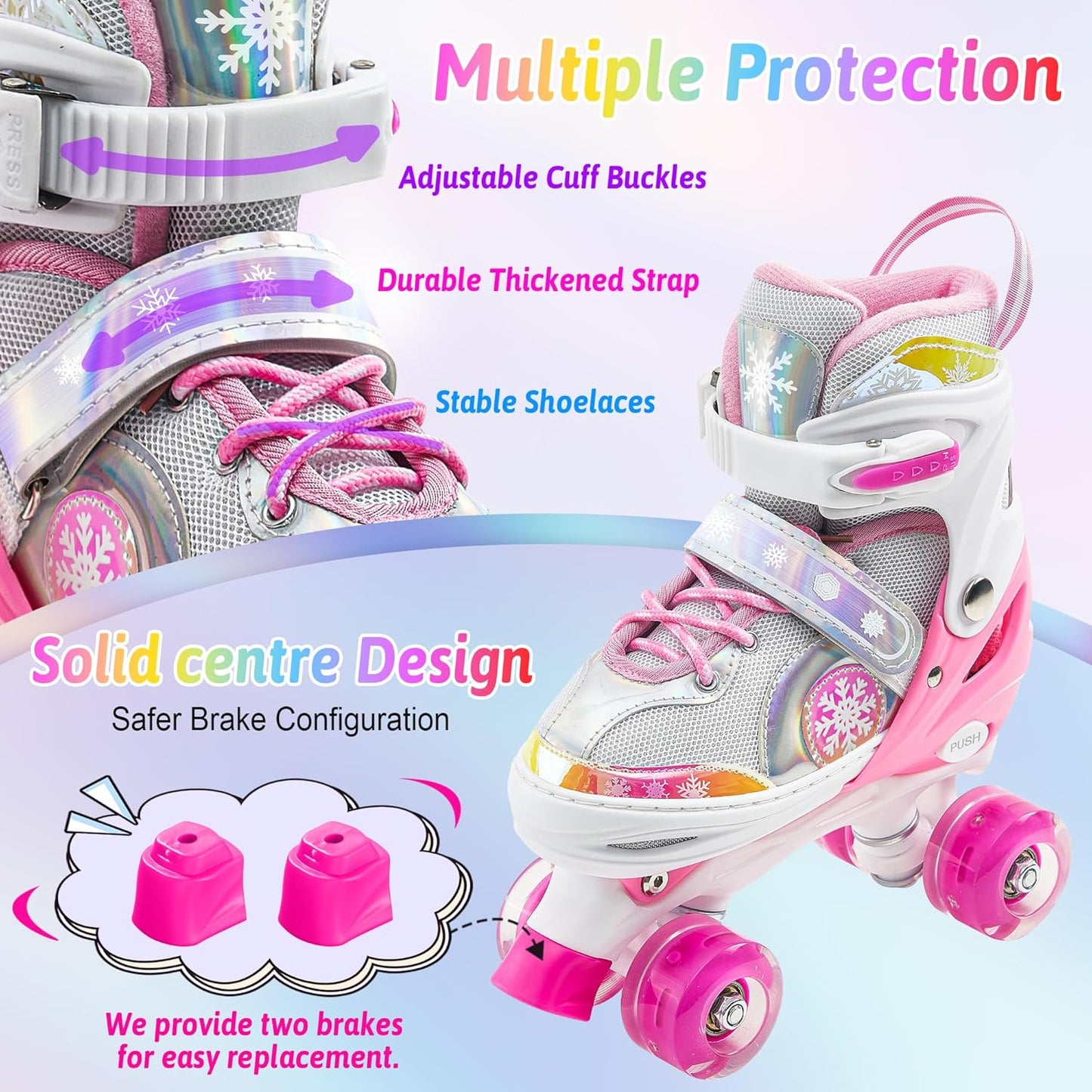 Acelufly Kids Pink Quad Wheel Light Up Rollerskates for Girls Size Medium NEW