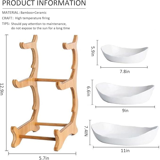 3 Tier White Ceramic Double Layer Serving Plates with Bamboo Wood Stand NEW