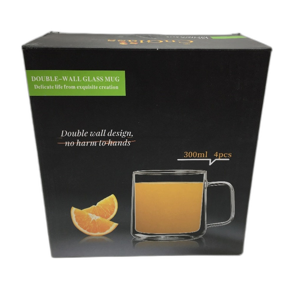 CNGLASS Set Of 4 300ml Clear Insulated Large Double Wall Glass Coffee Mug NEW