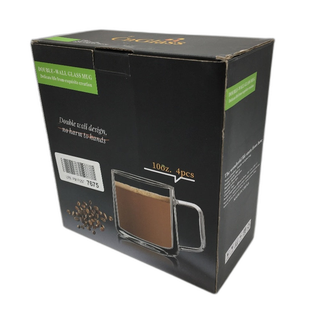 CNGLASS Set Of 4 300ml Clear Insulated Large Double Wall Glass Coffee Mug NEW