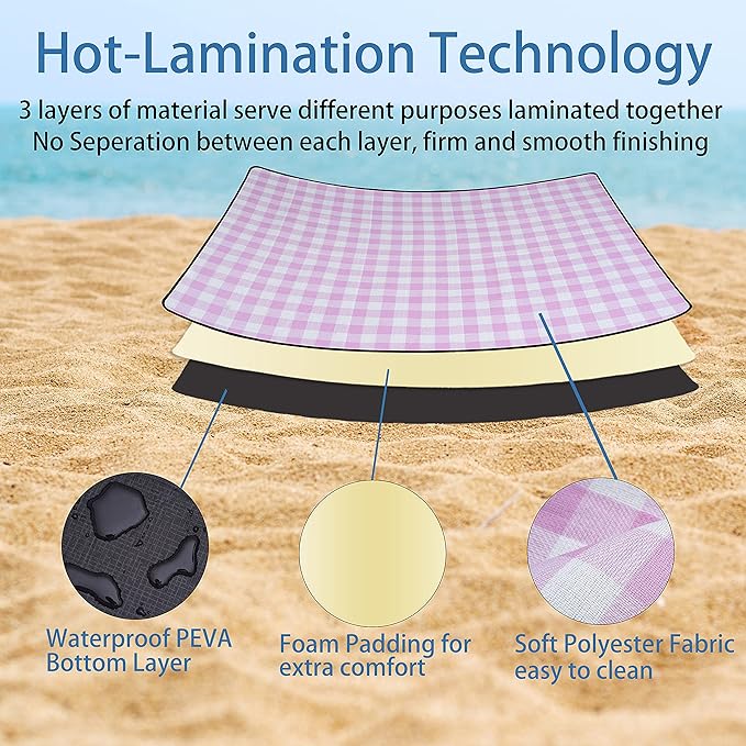 200cm Pink Gingham Foldable Extra Large Waterproof Outdoor Picnic Blanket NEW