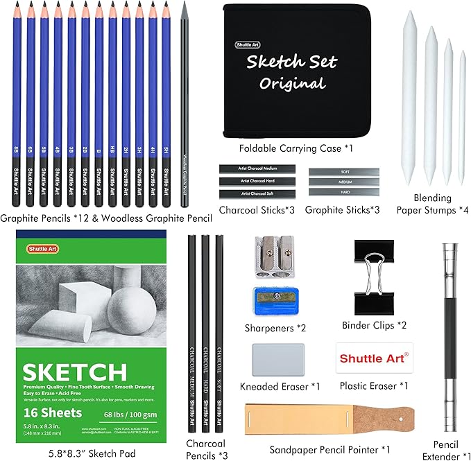 Shuttle Art 37 Pack All in 1 Sketching Drawing Kit with Carrying Case DEMO