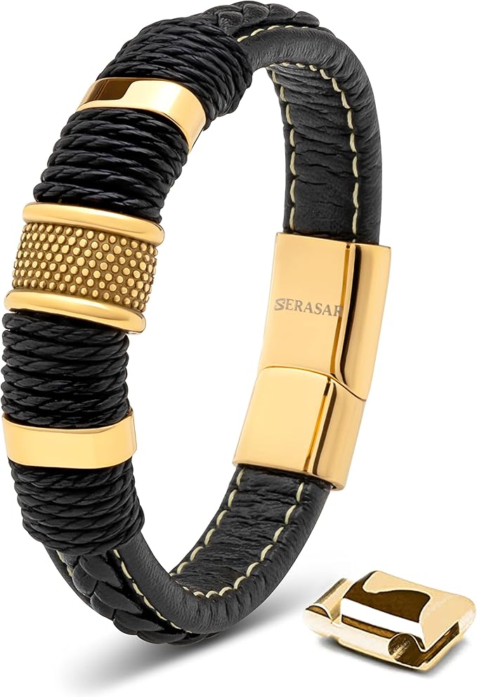 SERASAR Ring Cowhide Black Leather Gold Toned Stainless Steel Mens Bracelet NEW