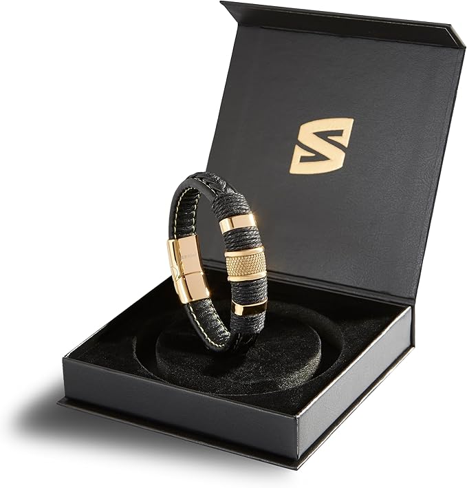 SERASAR Ring Cowhide Black Leather Gold Toned Stainless Steel Mens Bracelet NEW
