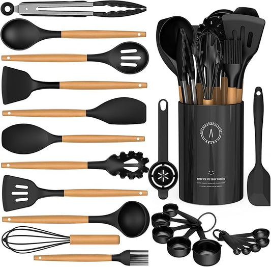 24 Piece Heat Resistant Silicone Cooking Utensils Set with Wooden Handles NEW