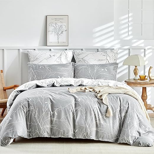 Tokokimo Grey White Branch Quilt Cover Set Size QUEEN 210x210cm NEW