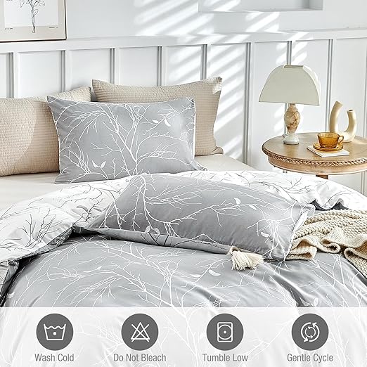 Tokokimo Grey White Branch Quilt Cover Set Size QUEEN 210x210cm NEW