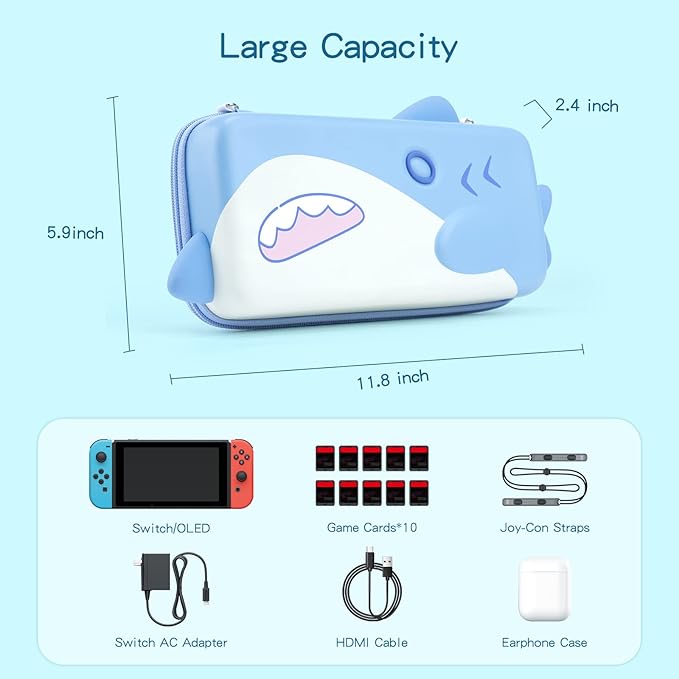 Geekshare Cartoon Shark Switch and OLED Blue Handheld Console Carry Case NEW