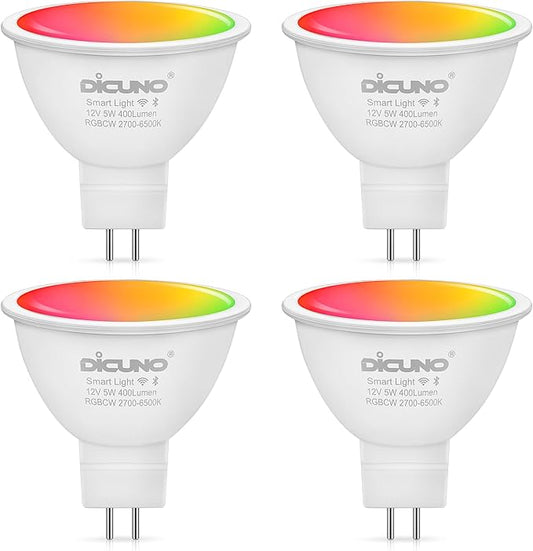 DiCUNO Pack of 4 5W 400 Lumen GU5.3 RGBCW Dimmable Smart App Control Bulbs NEW