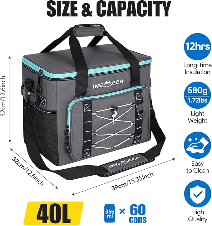 INSMEER 40 Litre 2 in 1 Portable Insulated Soft Collapsible Grey Cooler Bag NEW