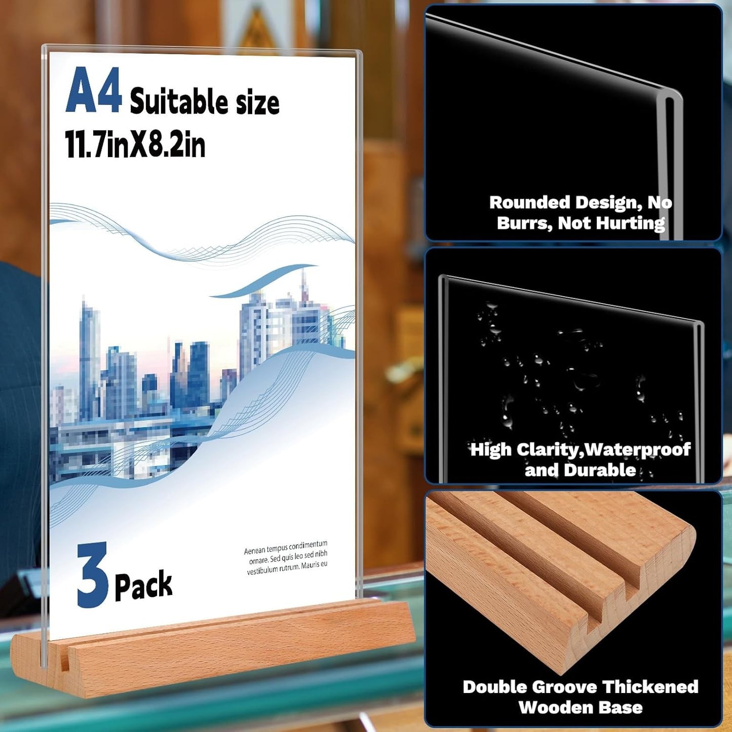 FayrVind 3 Pack A4 Acrylic Sign Holders with Wooden Base for Retail Display AU