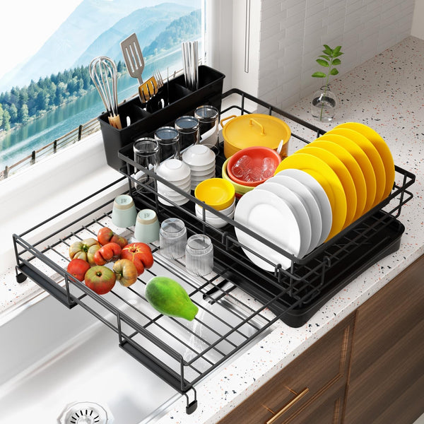 Koreal Extendable Black Dish Drying Rack with Cutlery Holder & Drainage Spout