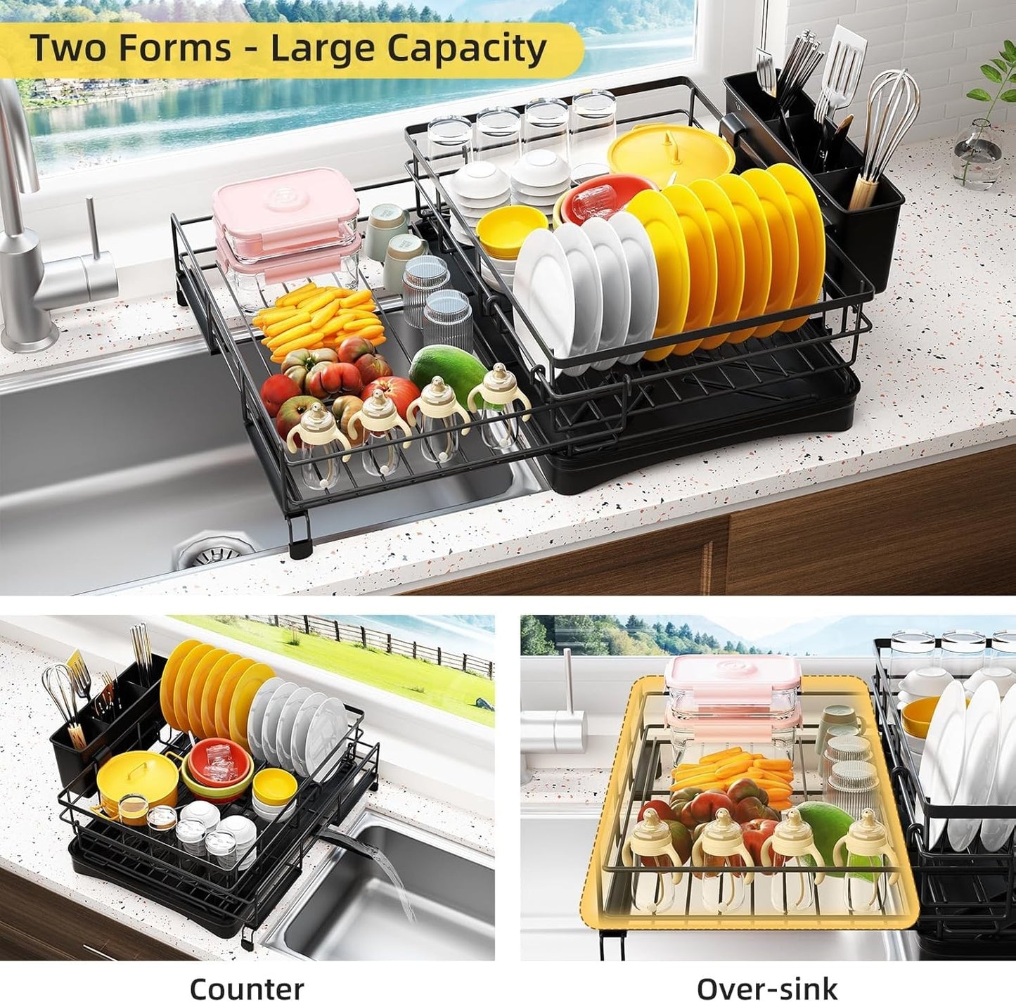 Koreal Extendable Black Dish Drying Rack with Cutlery Holder & Drainage Spout