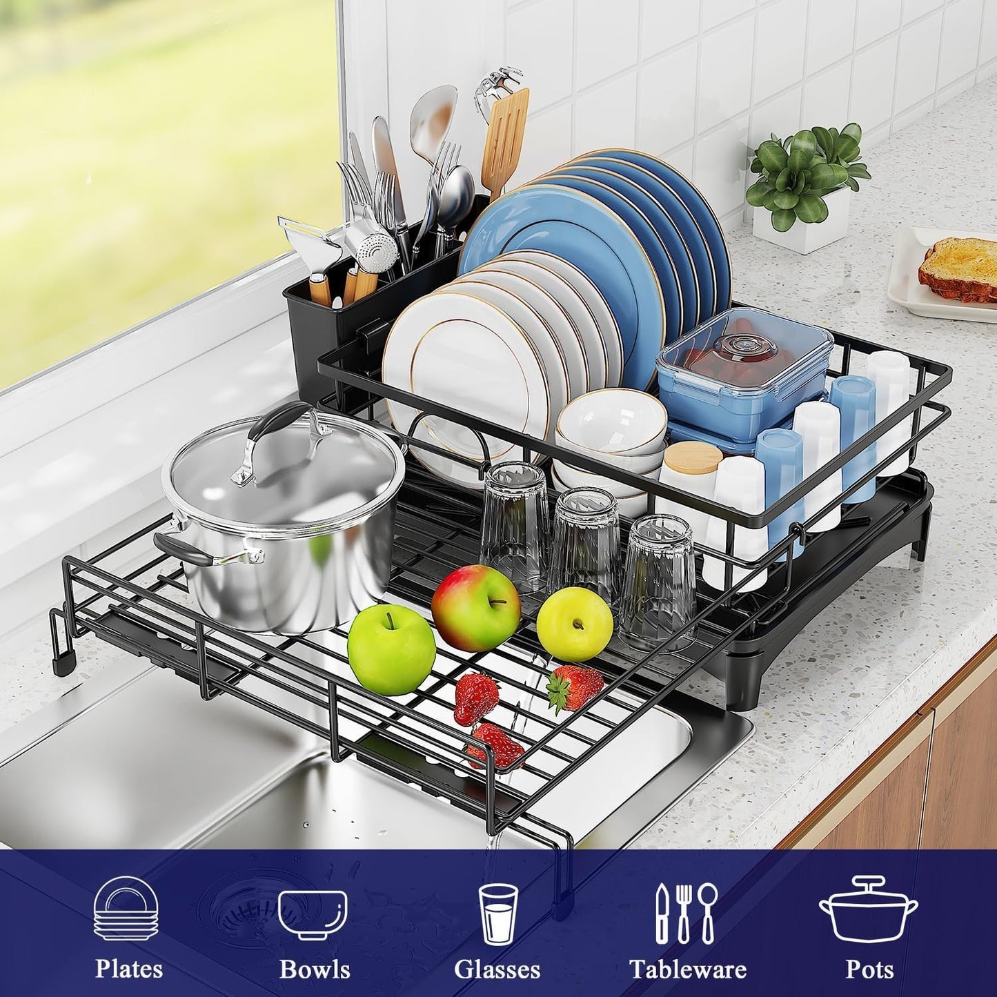 Koreal Extendable Black Dish Drying Rack with Cutlery Holder & Drainage Spout