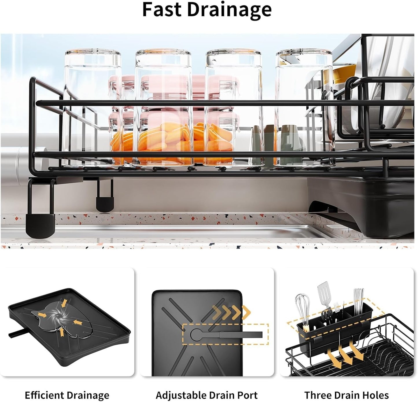 Koreal Extendable Black Dish Drying Rack with Cutlery Holder & Drainage Spout