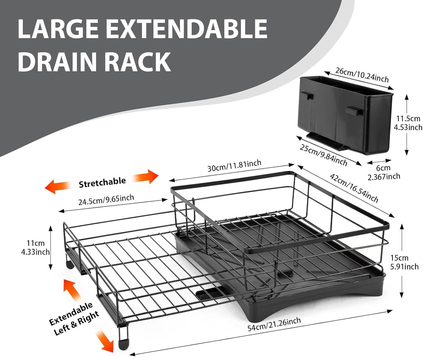 Koreal Extendable Black Dish Drying Rack with Cutlery Holder & Drainage Spout