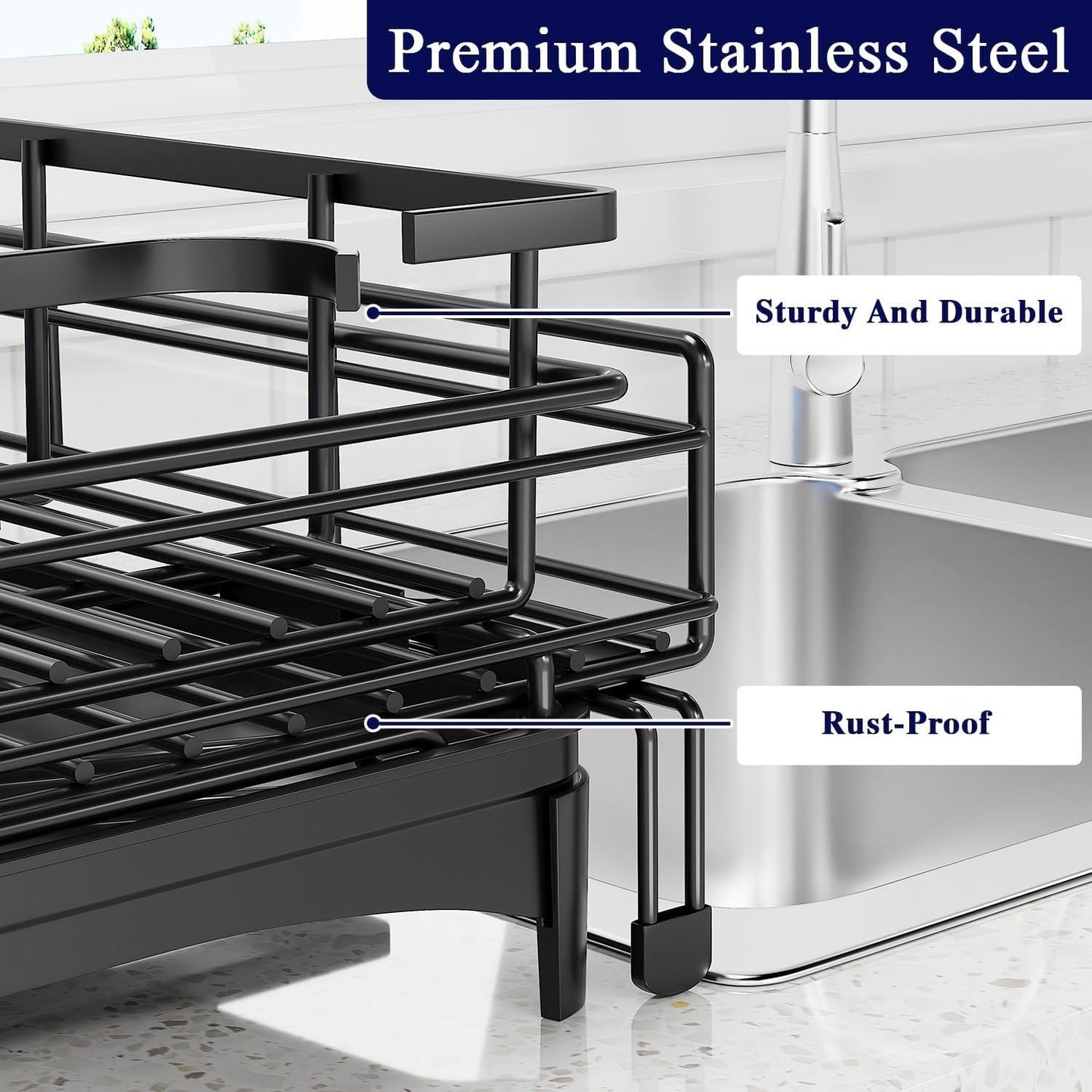 Koreal Extendable Black Dish Drying Rack with Cutlery Holder & Drainage Spout