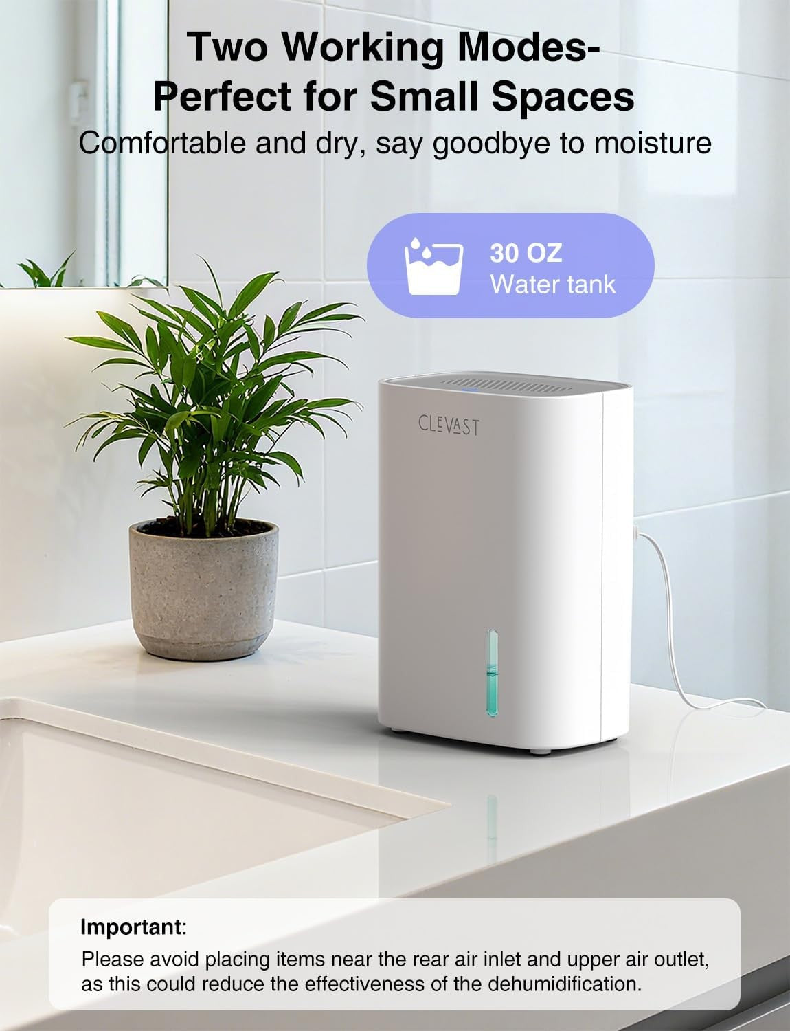 CLEVAST Mini Quiet Dehumidifier for Home 30oz Portable White