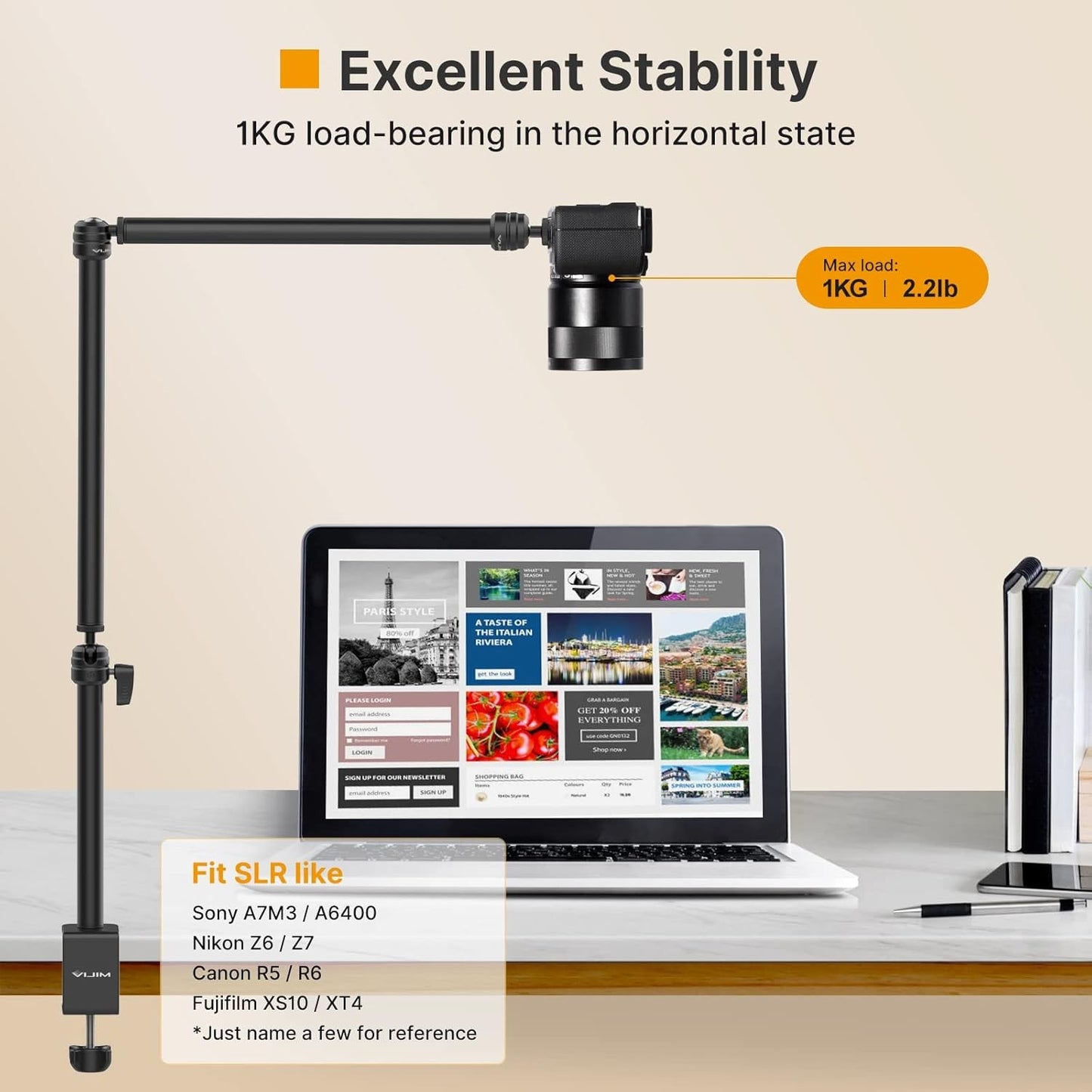 VIJIM LS08 Overhead Flexible C Clamp Camera Desk Mount with 360° Rotation