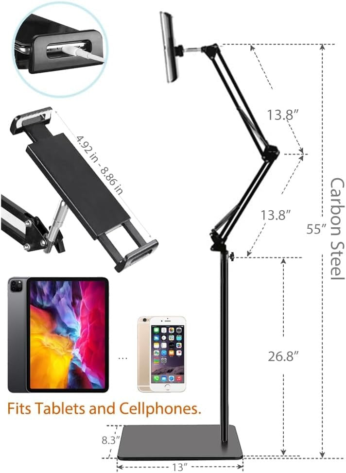 Adjustable Tablet Floor Stand with Heavy Base for iPad, Galaxy, Kindle