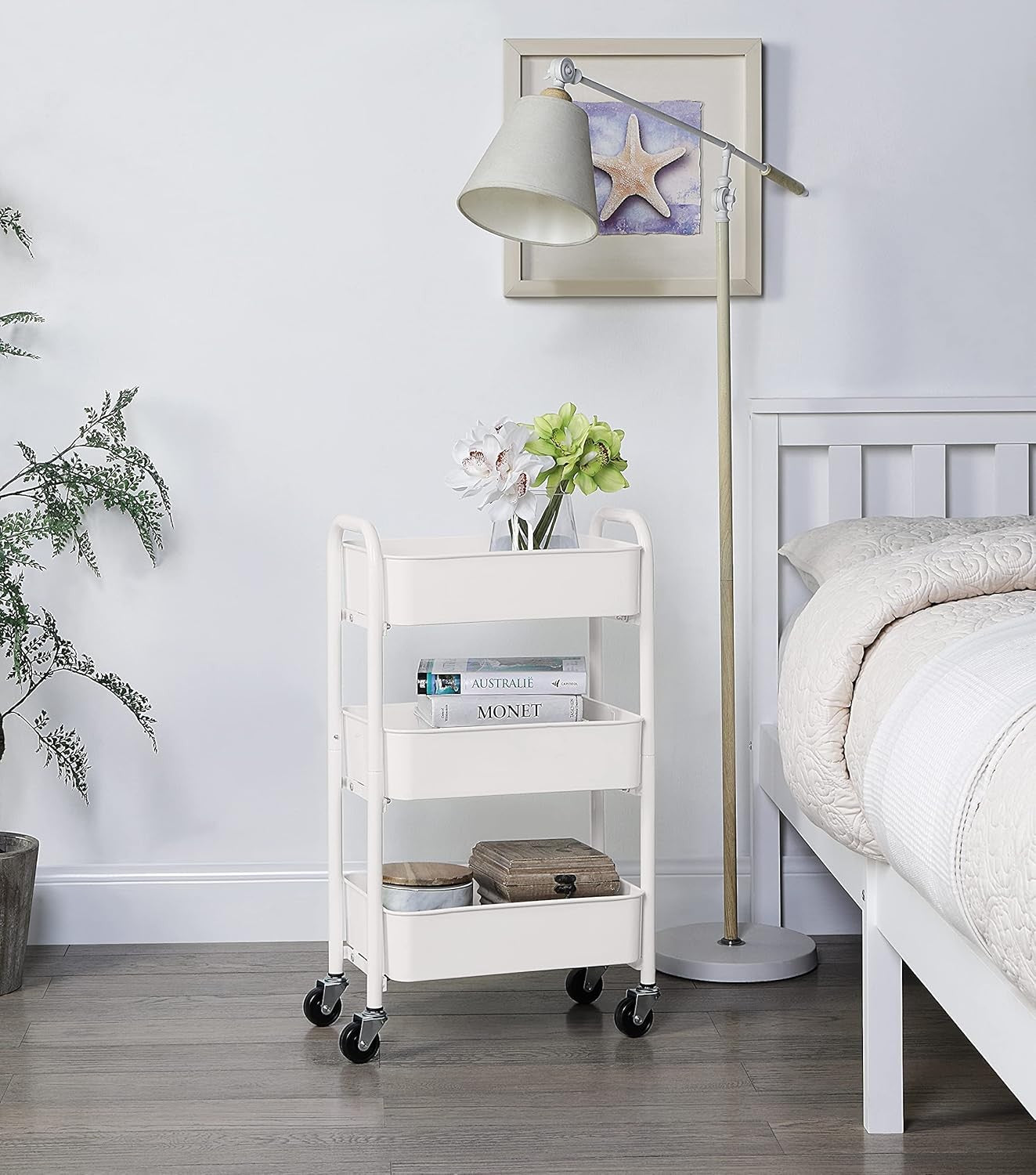 SunnyPoint 3-Tier Rolling Metal Storage Organiser Cart for Kitchen White