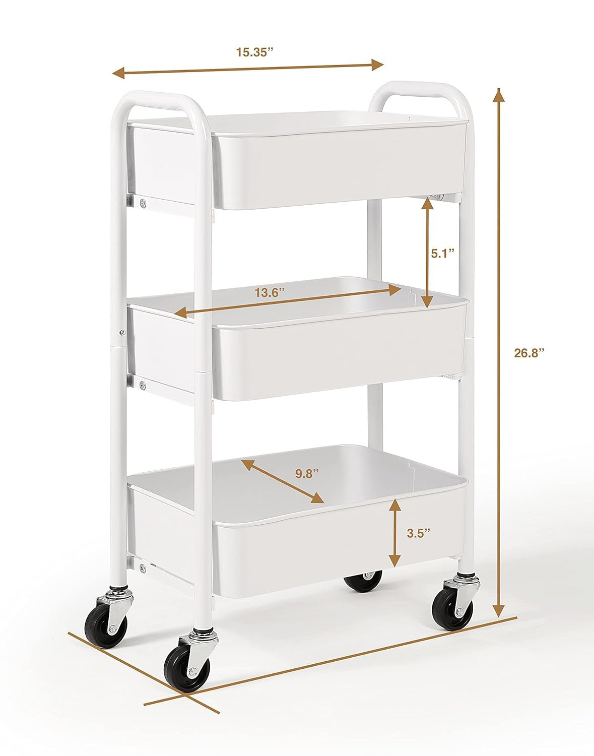 SunnyPoint 3-Tier Rolling Metal Storage Organiser Cart for Kitchen White
