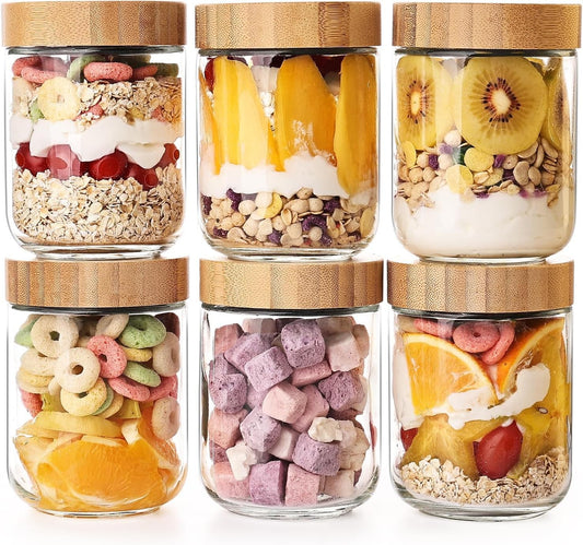 Fohoa 6PCS 16oz Glass Food Storage Containers with Bamboo Lids 12x8cm