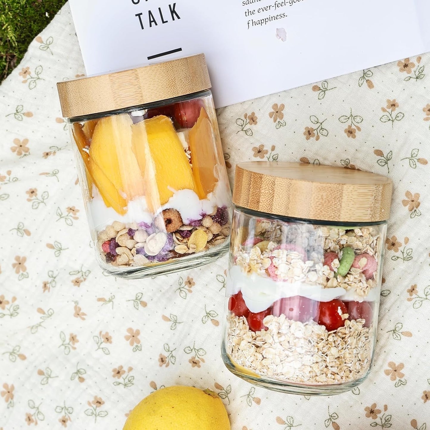 Fohoa 6PCS 16oz Glass Food Storage Containers with Bamboo Lids 12x8cm