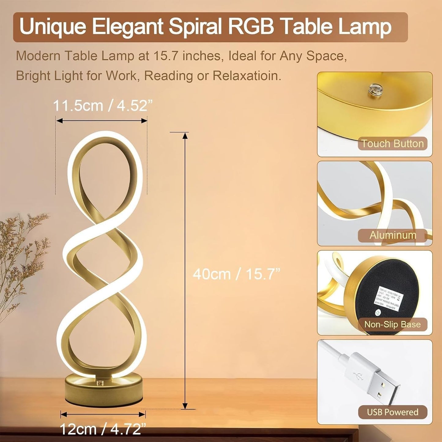 Modern Gold Spiral Table Lamp with Dimmable Touch Control 3 Colour Temp NEW