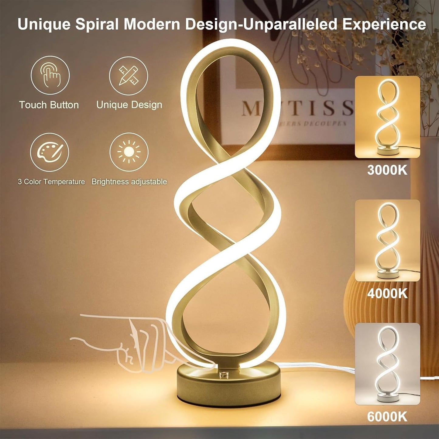 Modern Gold Spiral Table Lamp with Dimmable Touch Control 3 Colour Temp NEW