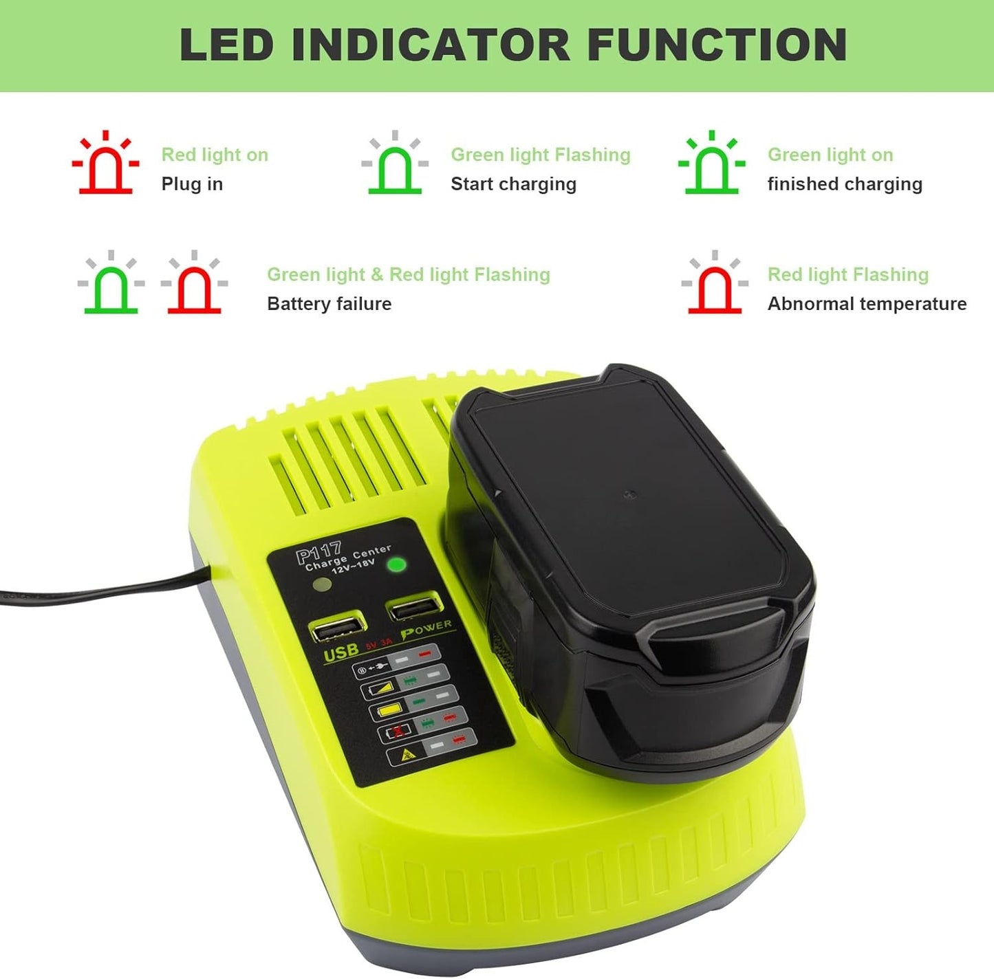 ARyee P117 Battery Charger for Ryobi 12-18V One+ NiCd NiMh Li-ion P100 P102 P108
