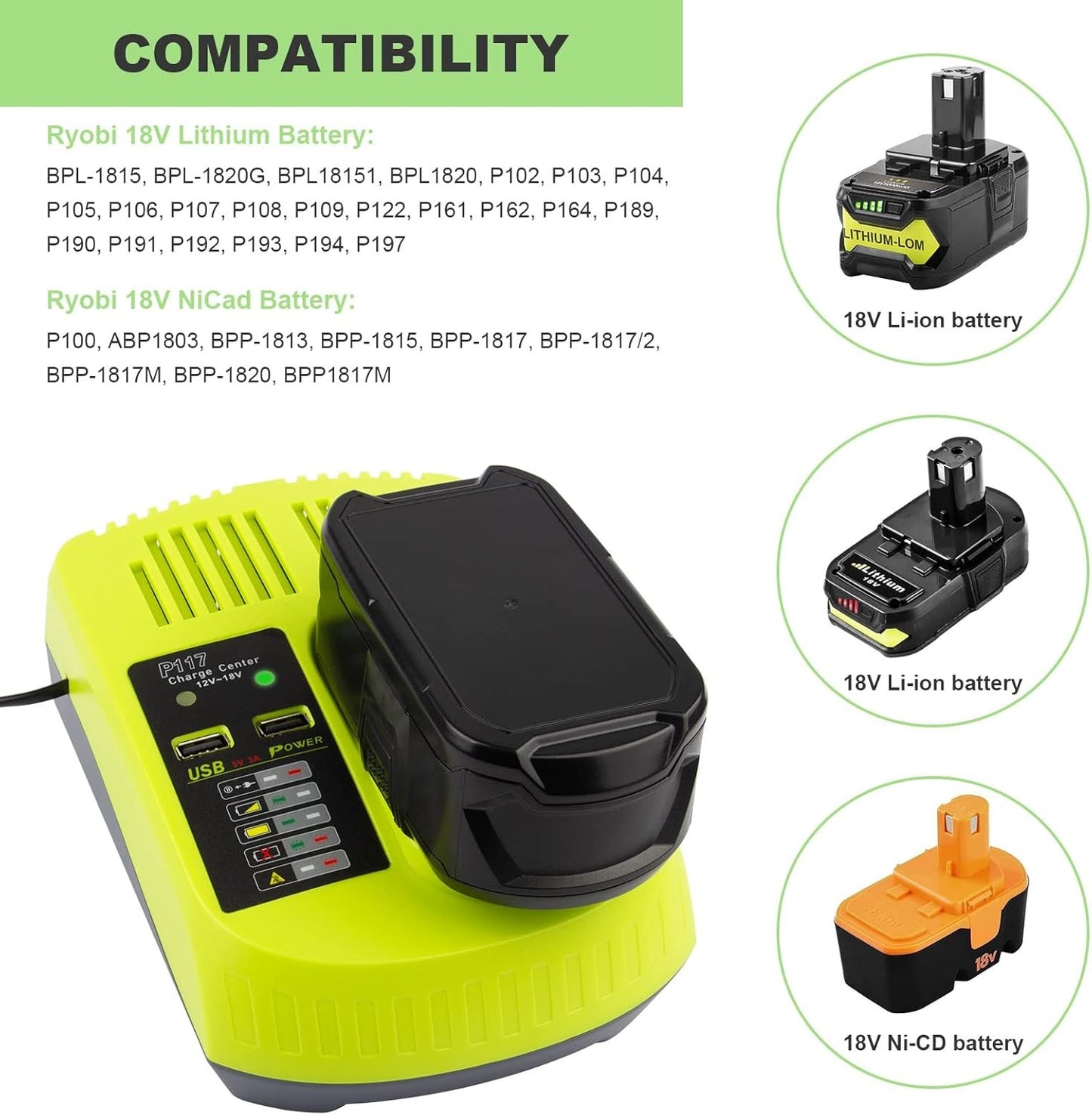 ARyee P117 Battery Charger for Ryobi 12-18V One+ NiCd NiMh Li-ion P100 P102 P108