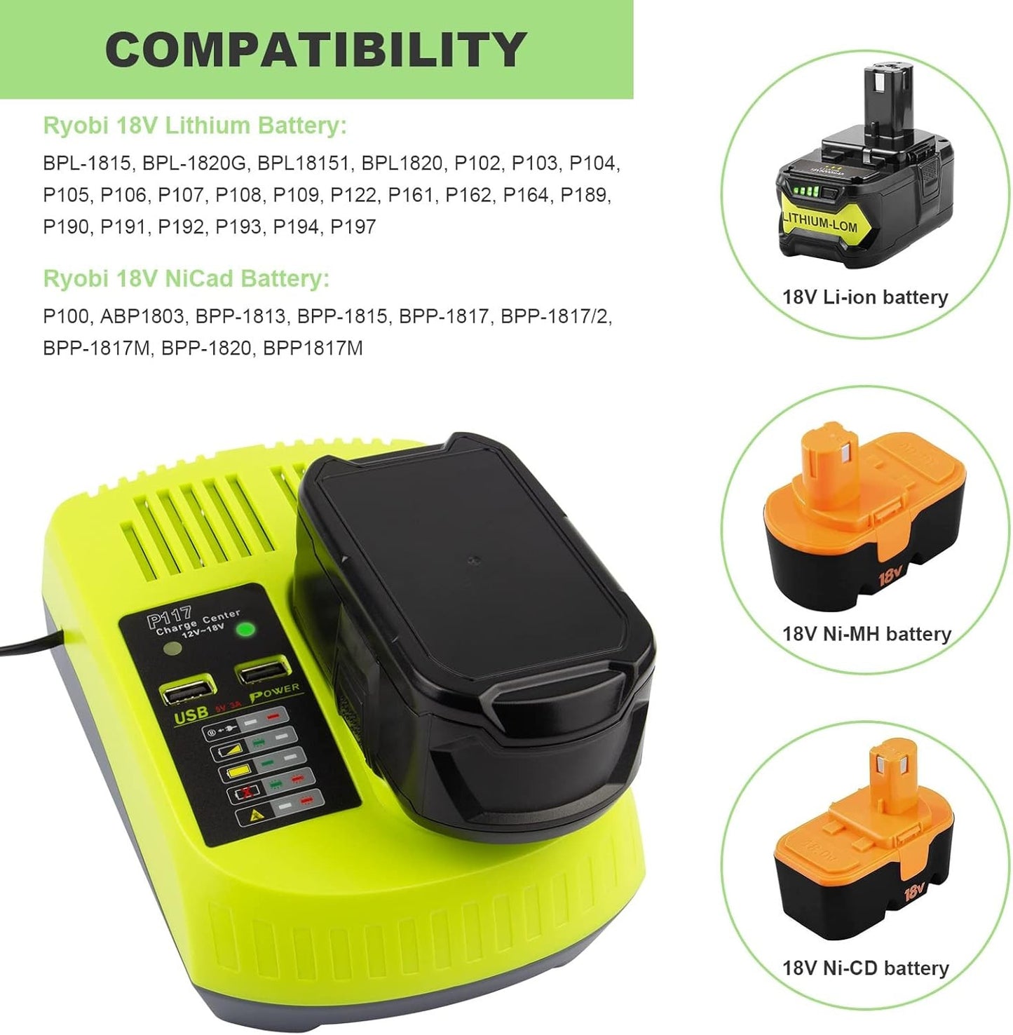 ARyee P117 Battery Charger for Ryobi 12-18V One+ NiCd NiMh Li-ion P100 P102 P108