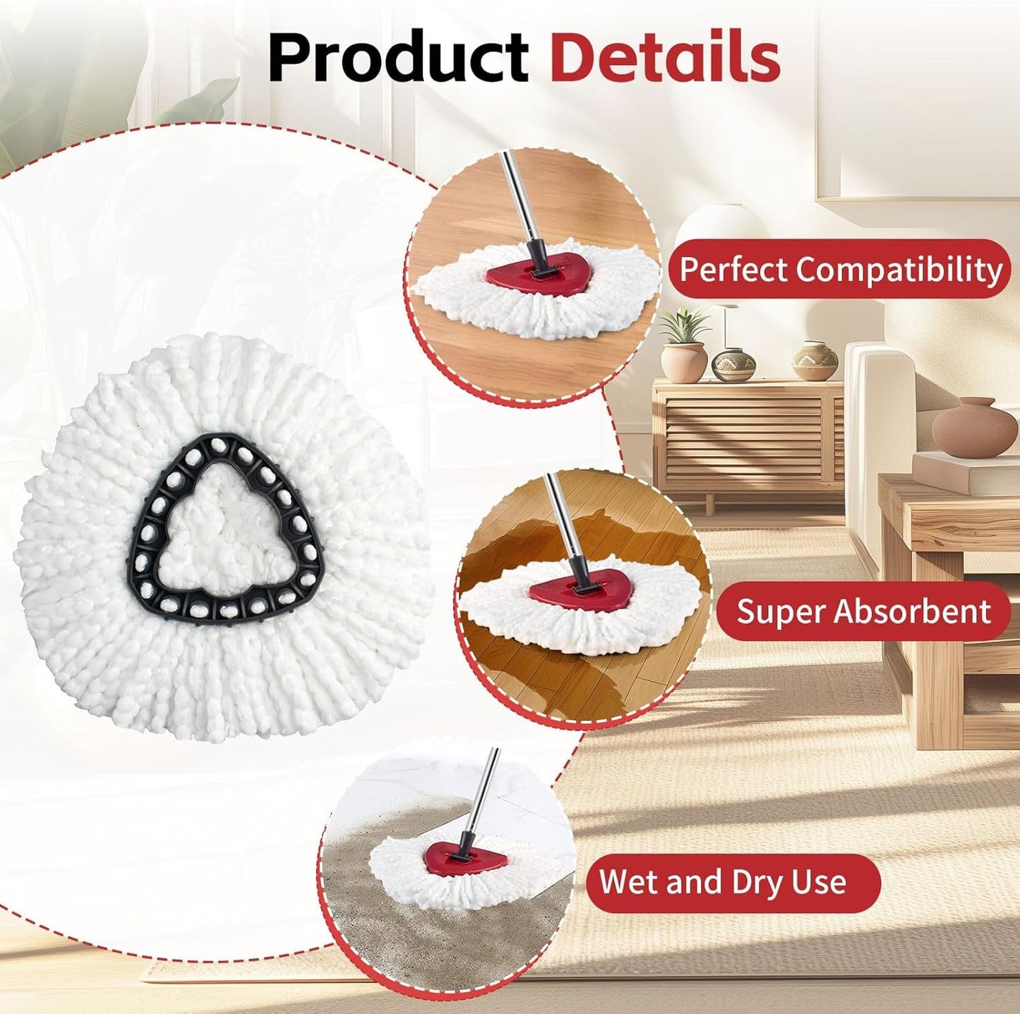 Spin Mop Replacement Heads Mop Handle and 1 Mop Base Combo Set NEW