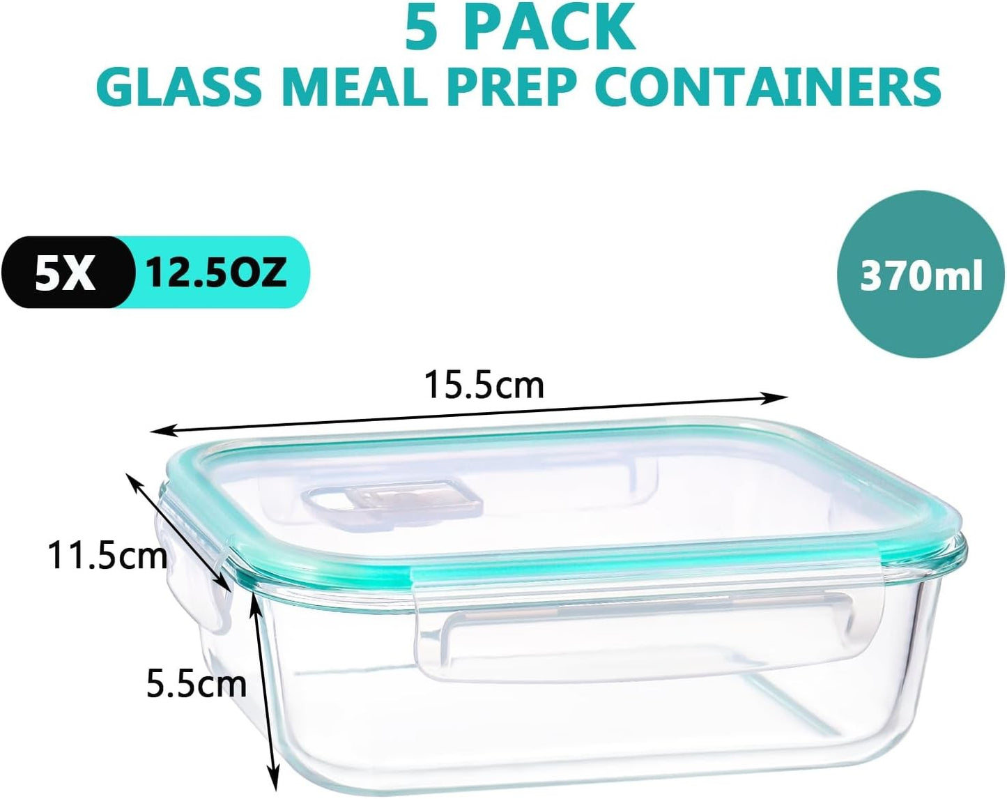 Feshory 5 Pack 370ml Airtight Glass Food Storage Containers with Lids NEW