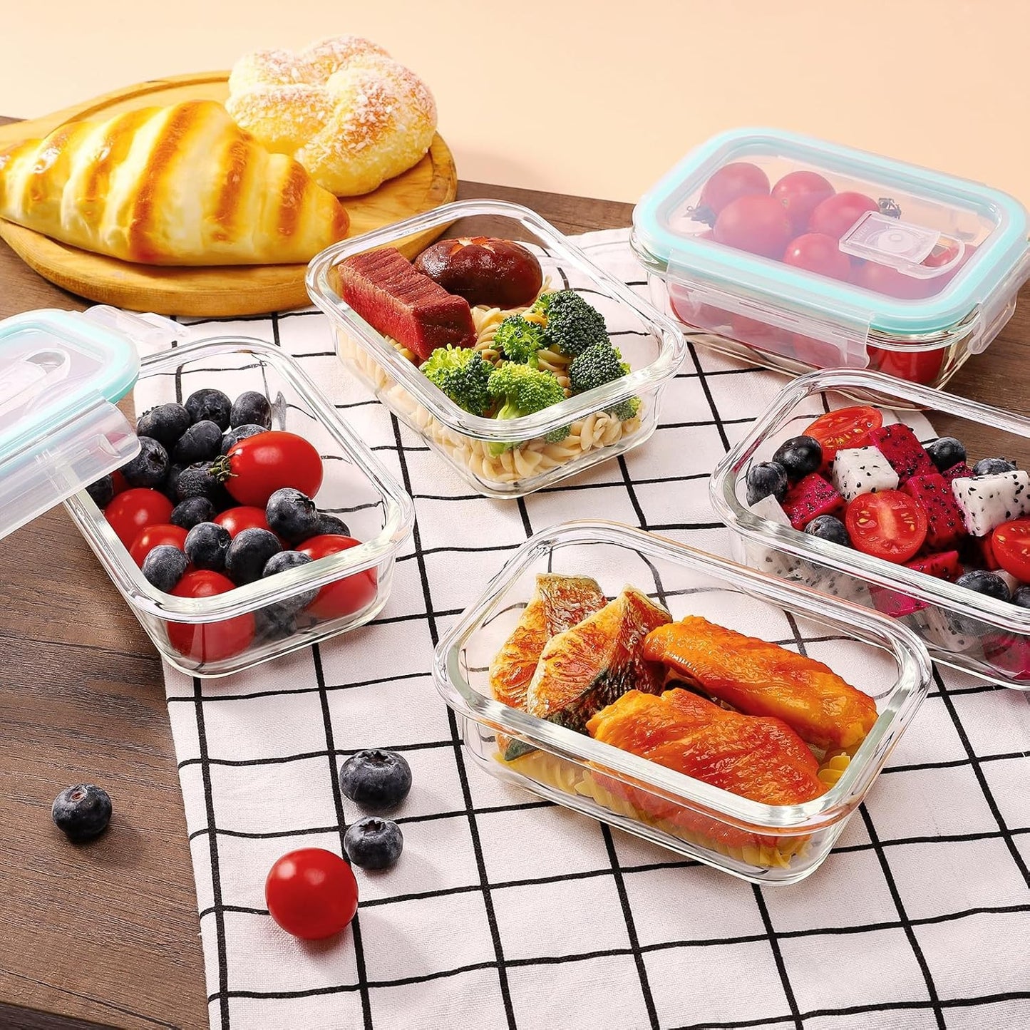 Feshory 5 Pack 370ml Airtight Glass Food Storage Containers with Lids NEW