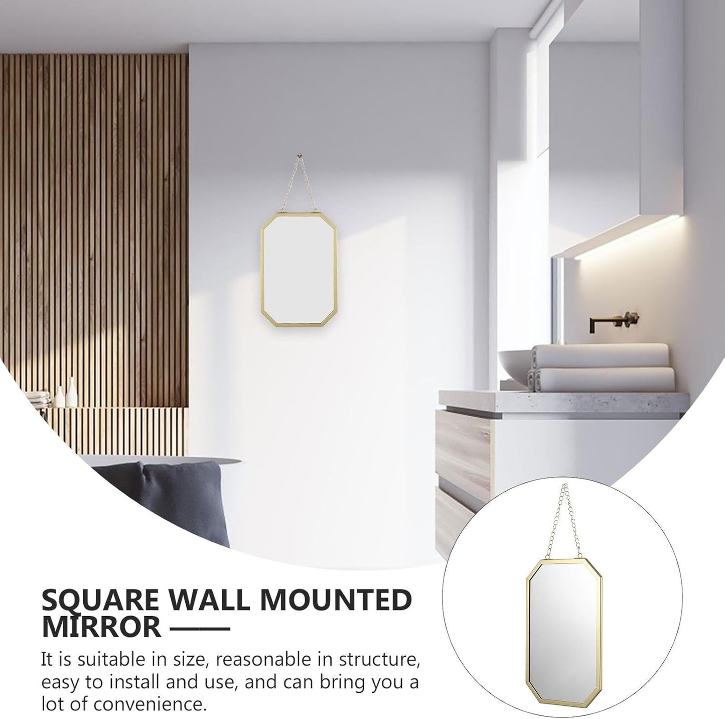 Small Square Wall Hanging Vanity Mirror with Chain for Bathroom NEW