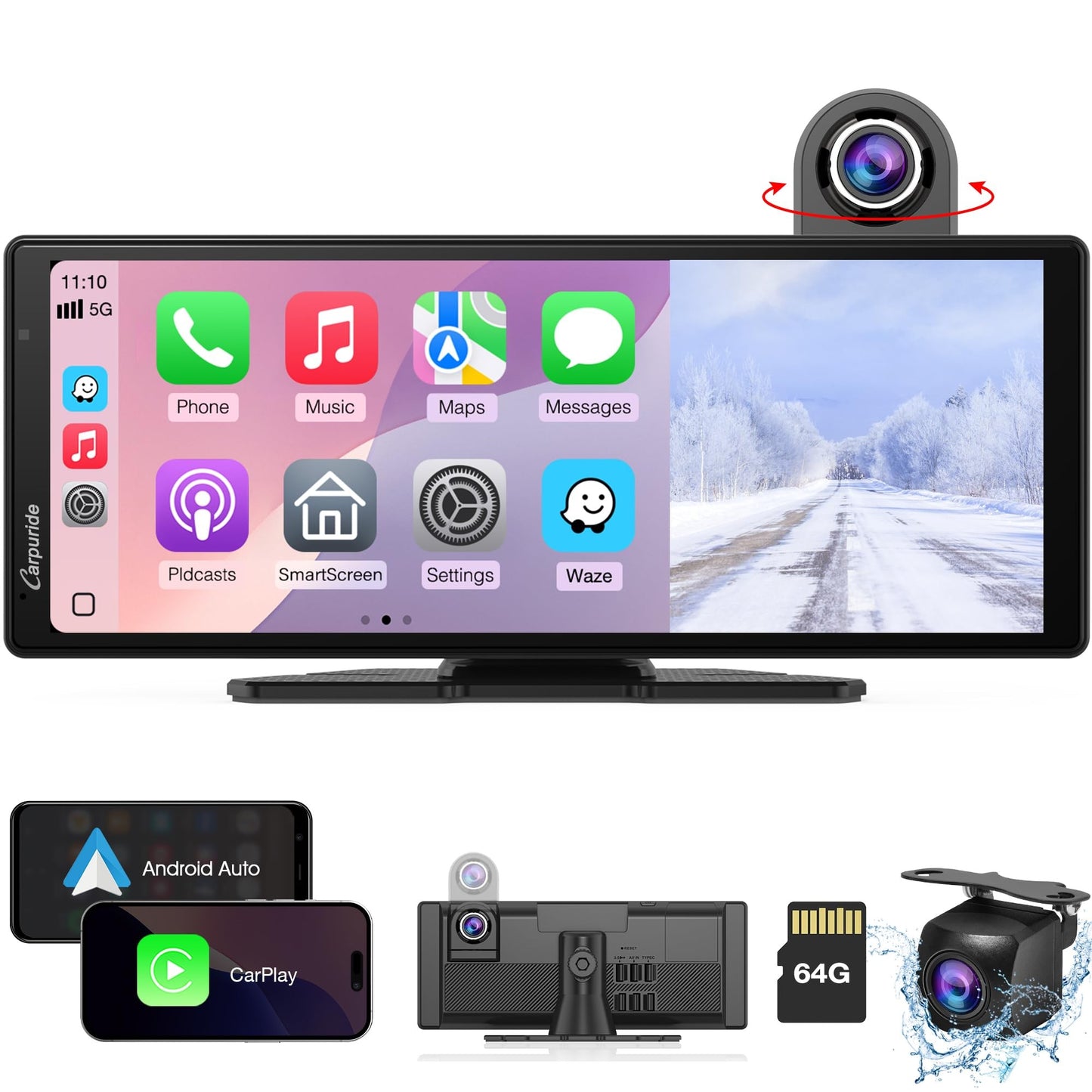 CARPURIDE W904 Wireless Carplay & Android Auto Dash Cam IPS Touch 10.26 Inch