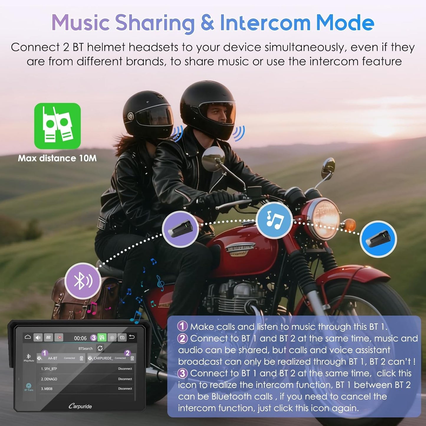 CARPURIDE W502TPRO 5" Waterproof GPS Navigation for Motorbike Music Intercom