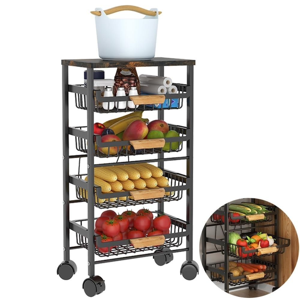 5 Tier Black Metal Wire Basket Cart on Wheels for Kitchen Pull Out Drawers NEW