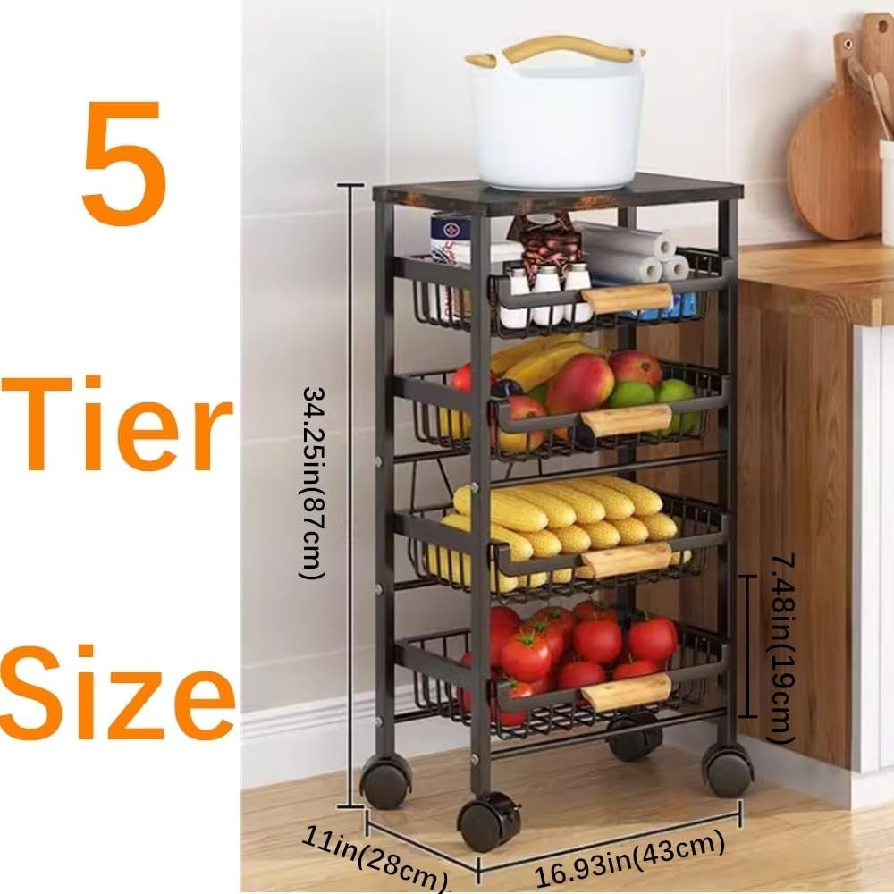 5 Tier Black Metal Wire Basket Cart on Wheels for Kitchen Pull Out Drawers NEW