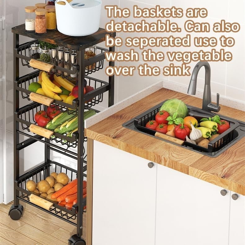 5 Tier Black Metal Wire Basket Cart on Wheels for Kitchen Pull Out Drawers NEW